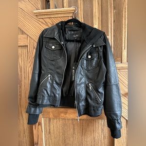 Faux hooded leather jacket